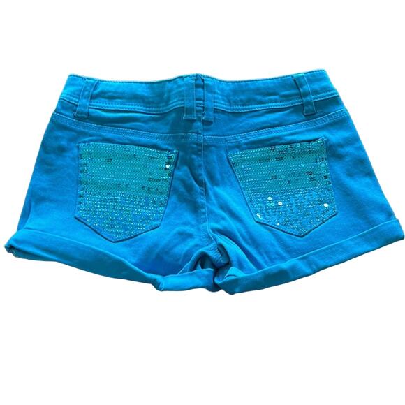 Bongo Size 5 Peacock Blue Sequin Embellished Shorts NWT Juniors Size 5 Cuffs - Picture 2 of 9